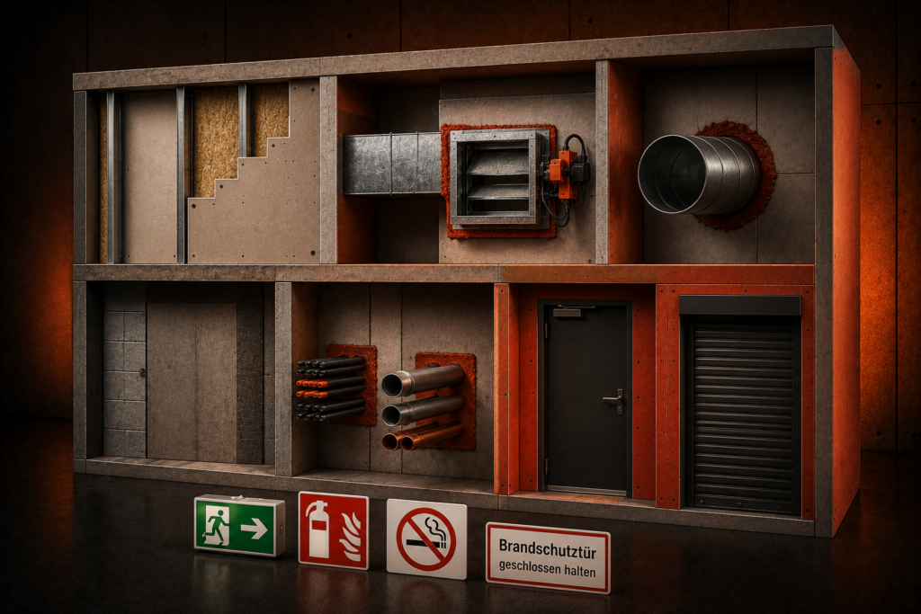 Various fire protection measures, doors, walls, pipes